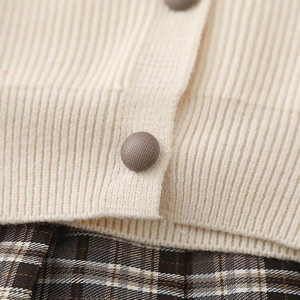 Little Surprise Box 2pcs Cream checks cardigan and Skirt Winterwear set for Girls with 2 matching Teddy Clips