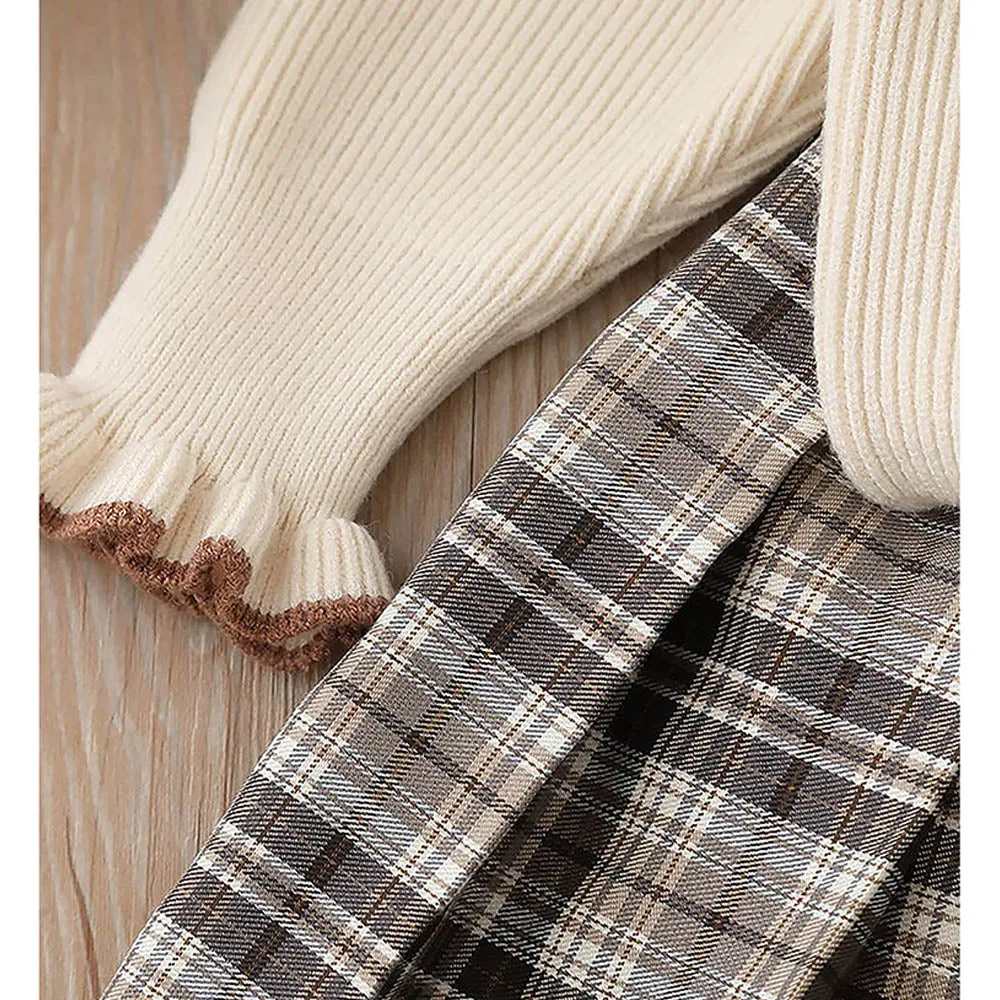 Little Surprise Box 2pcs Cream checks cardigan and Skirt Winterwear set for Girls with 2 matching Teddy Clips