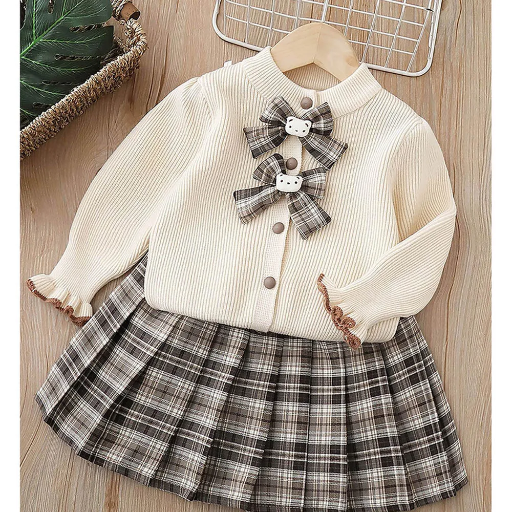 Little Surprise Box 2pcs Cream checks cardigan and Skirt Winterwear set for Girls with 2 matching Teddy Clips