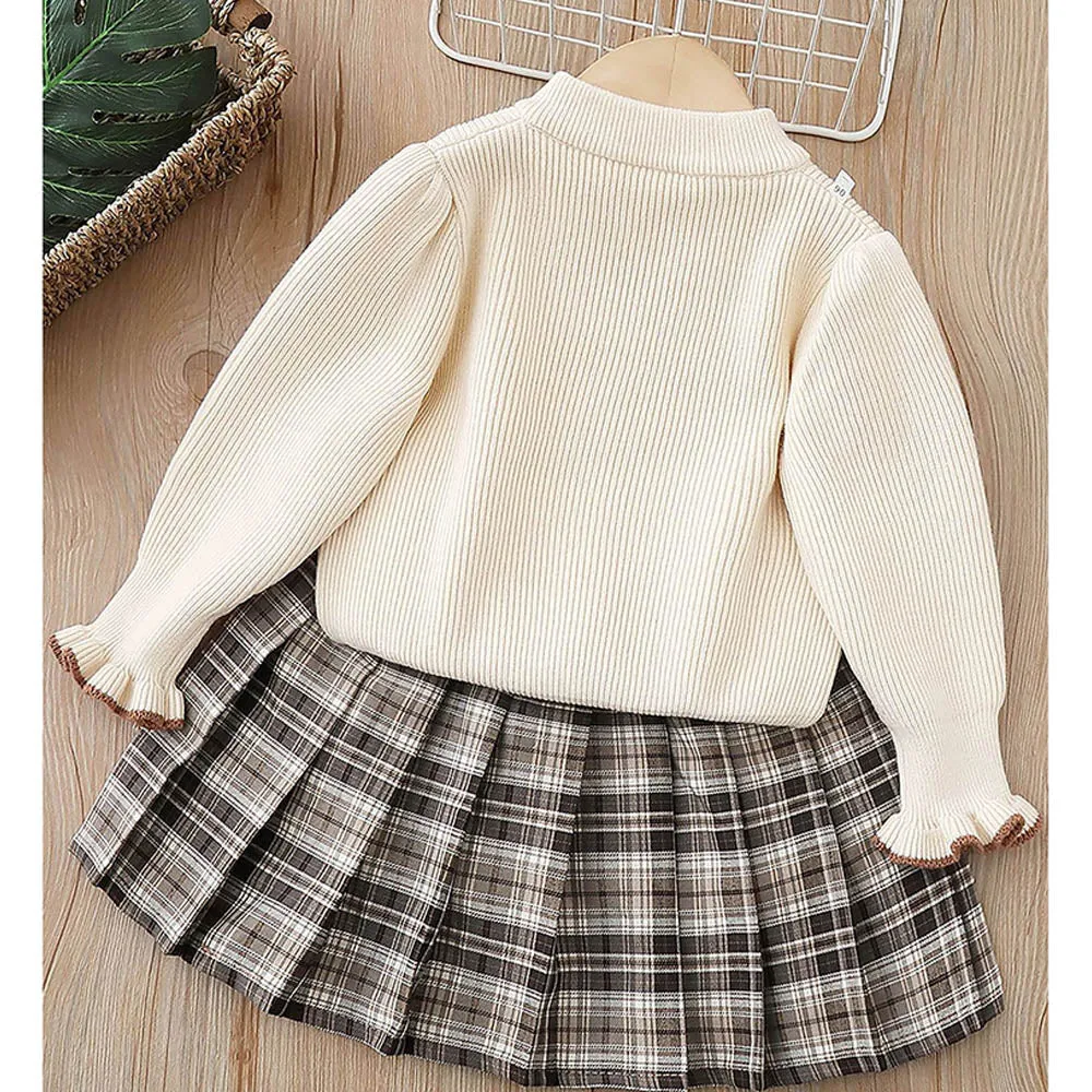 Little Surprise Box 2pcs Cream checks cardigan and Skirt Winterwear set for Girls with 2 matching Teddy Clips