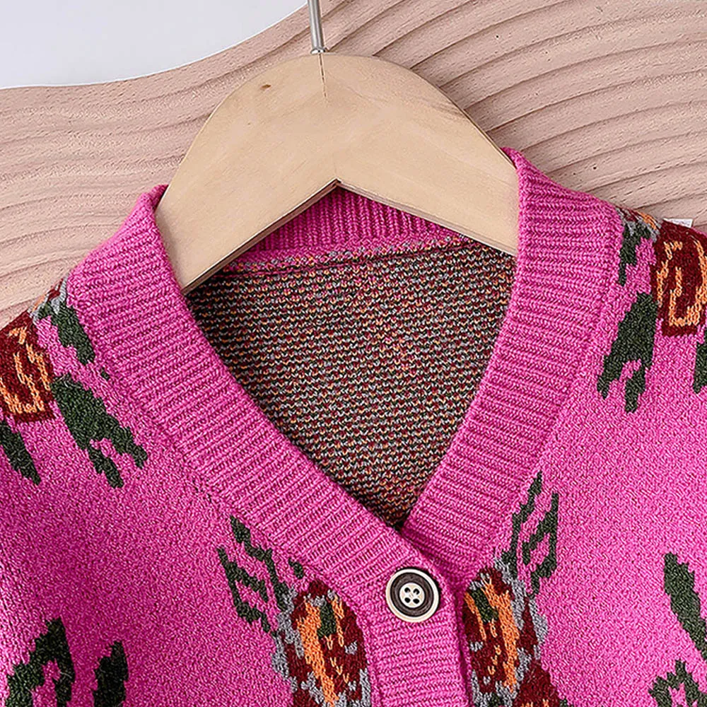 Little Surprise Box 2pcs Magenta Flower Bunch Knitted Cardigan And Shorts Winterwear Set For Girls
