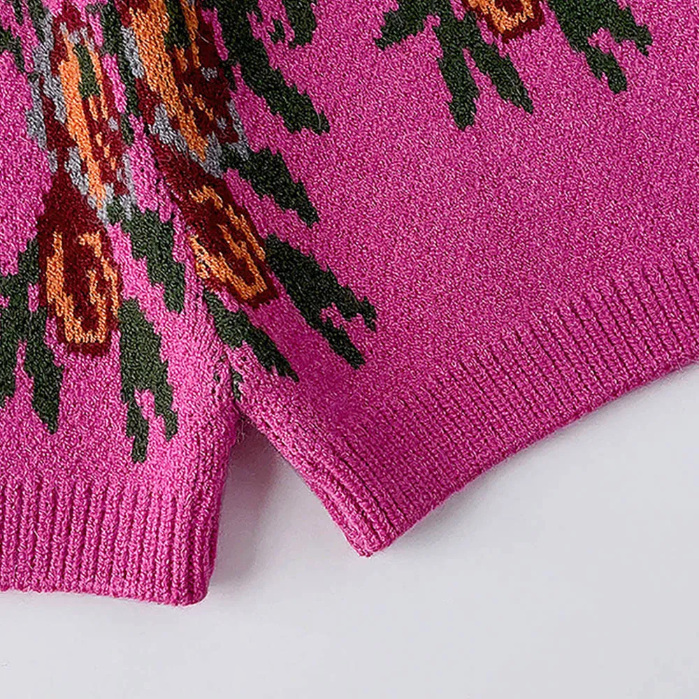 Little Surprise Box 2pcs Magenta Flower Bunch Knitted Cardigan And Shorts Winterwear Set For Girls