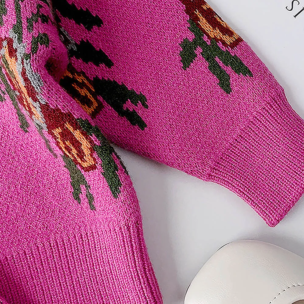 Little Surprise Box 2pcs Magenta Flower Bunch Knitted Cardigan And Shorts Winterwear Set For Girls