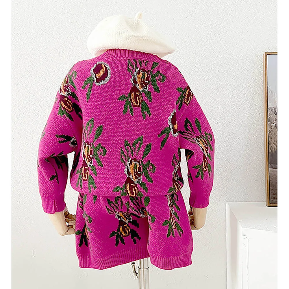 Little Surprise Box 2pcs Magenta Flower Bunch Knitted Cardigan And Shorts Winterwear Set For Girls