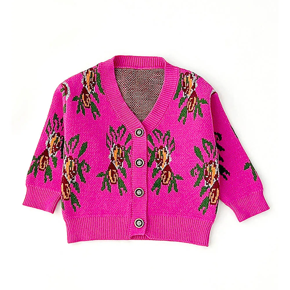 Little Surprise Box 2pcs Magenta Flower Bunch Knitted Cardigan And Shorts Winterwear Set For Girls