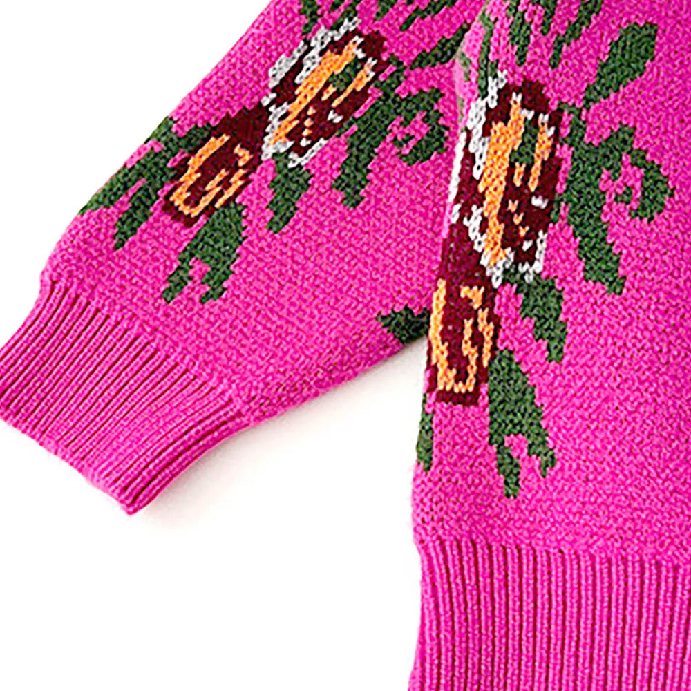 Little Surprise Box 2pcs Magenta Flower Bunch Knitted Cardigan And Shorts Winterwear Set For Girls