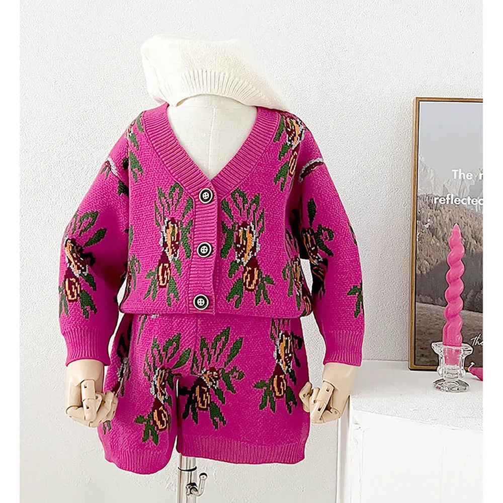 Little Surprise Box 2pcs Magenta Flower Bunch Knitted Cardigan And Shorts Winterwear Set For Girls