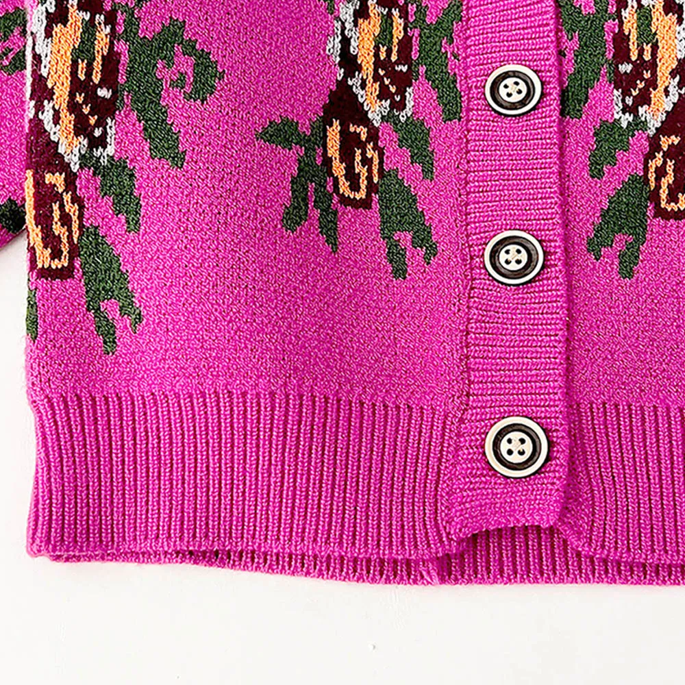 Little Surprise Box 2pcs Magenta Flower Bunch Knitted Cardigan And Shorts Winterwear Set For Girls