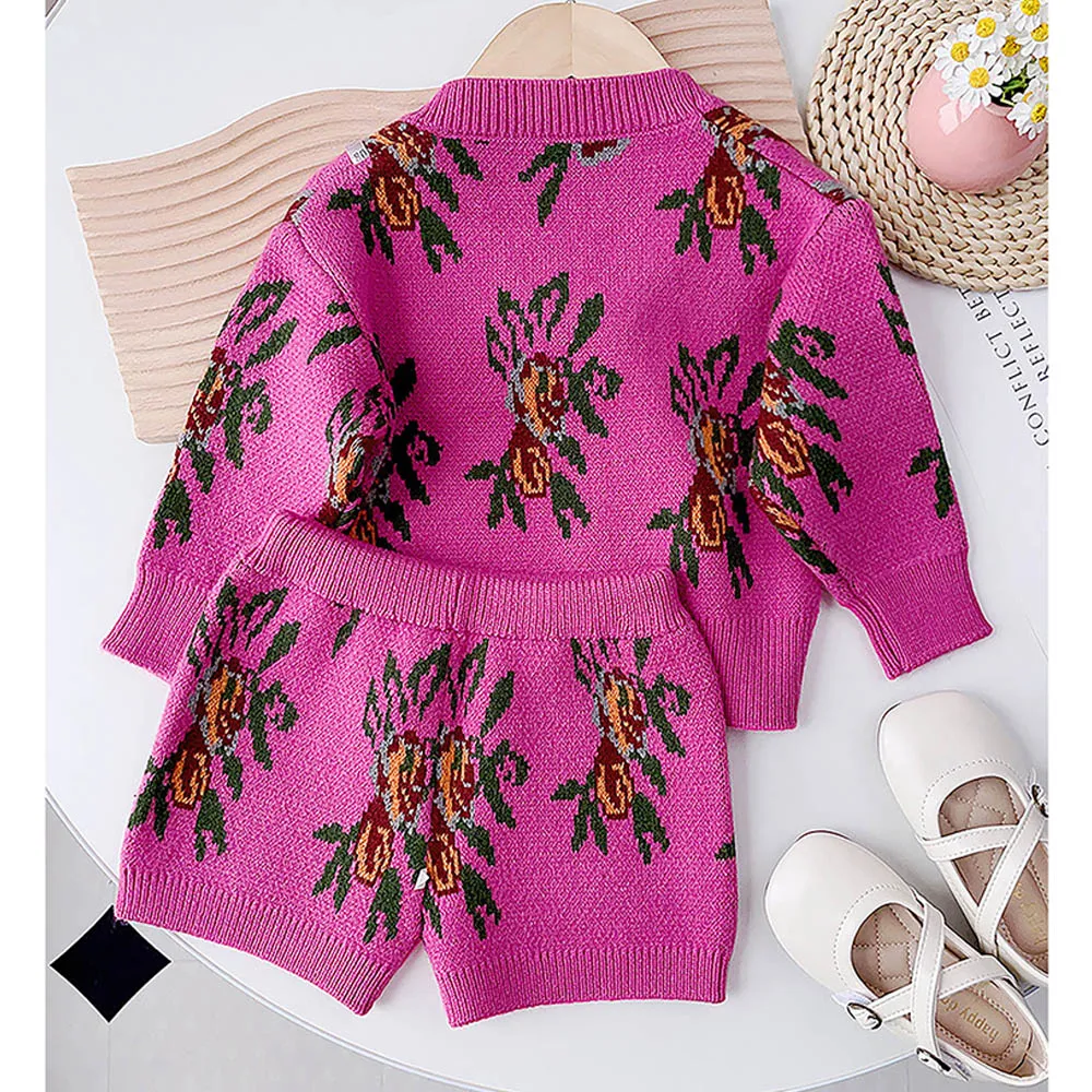 Little Surprise Box 2pcs Magenta Flower Bunch Knitted Cardigan And Shorts Winterwear Set For Girls