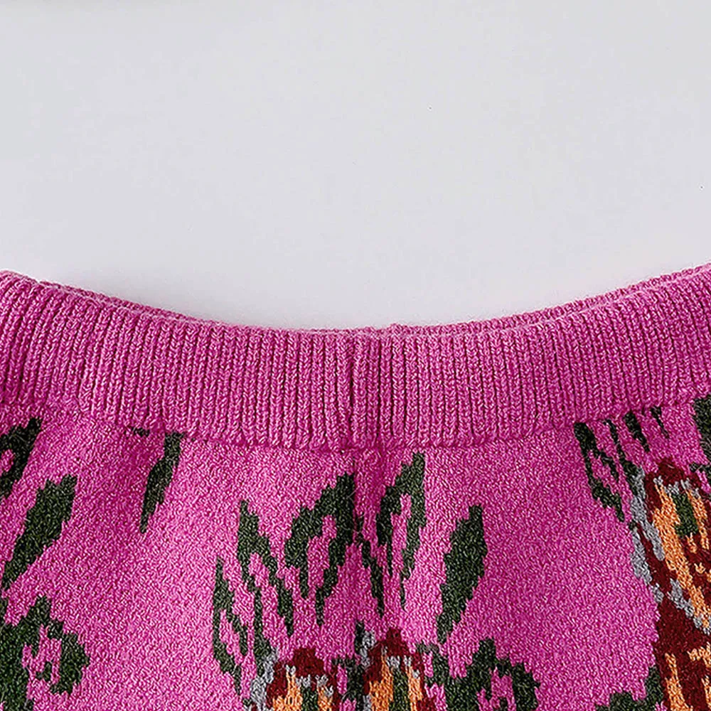 Little Surprise Box 2pcs Magenta Flower Bunch Knitted Cardigan And Shorts Winterwear Set For Girls