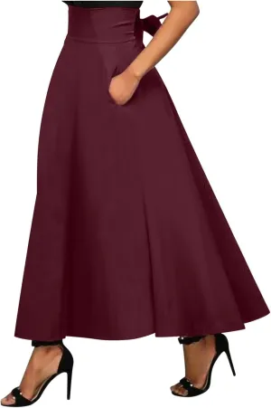 Long Skirts for Women Summer Vintage High Waist Maxi Skirt with Slit Casual Flowy Beach Wrap Skirt with Belt Pockets