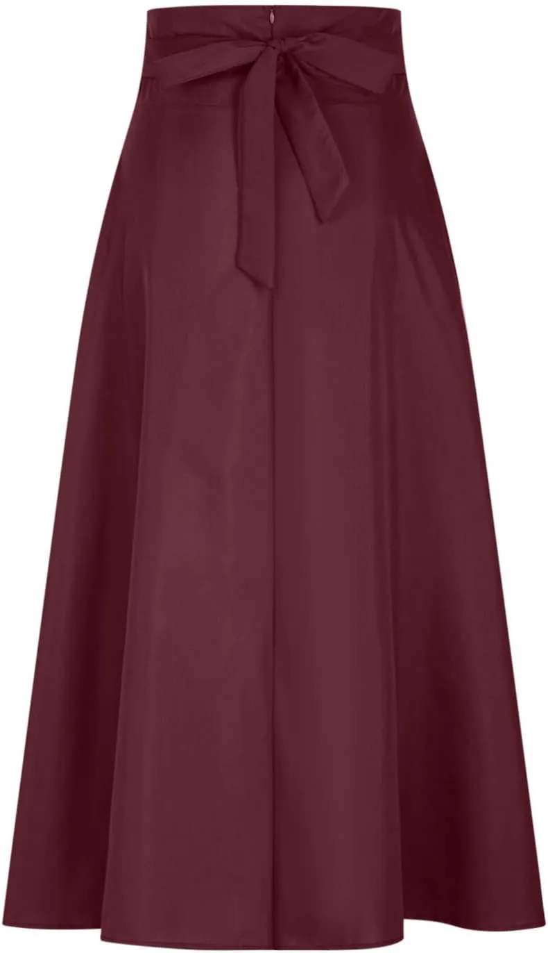 Long Skirts for Women Summer Vintage High Waist Maxi Skirt with Slit Casual Flowy Beach Wrap Skirt with Belt Pockets