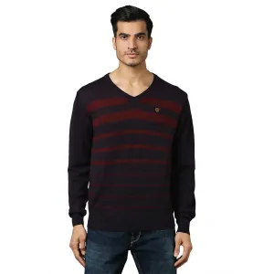 Men Violet Stripe Acrylic Wool Blend Full Sleeve V Neck Collar Sweaters