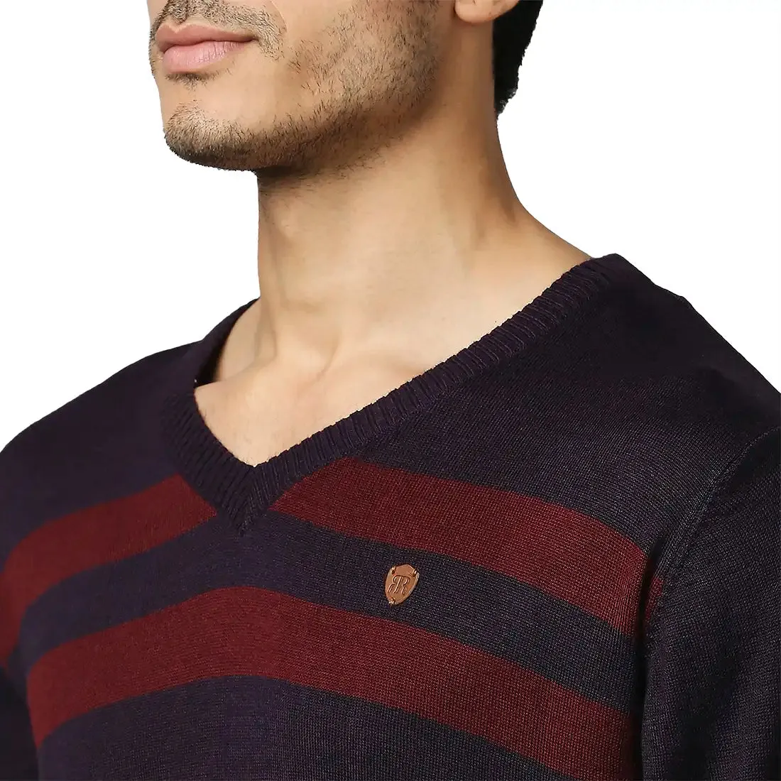 Men Violet Stripe Acrylic Wool Blend Full Sleeve V Neck Collar Sweaters