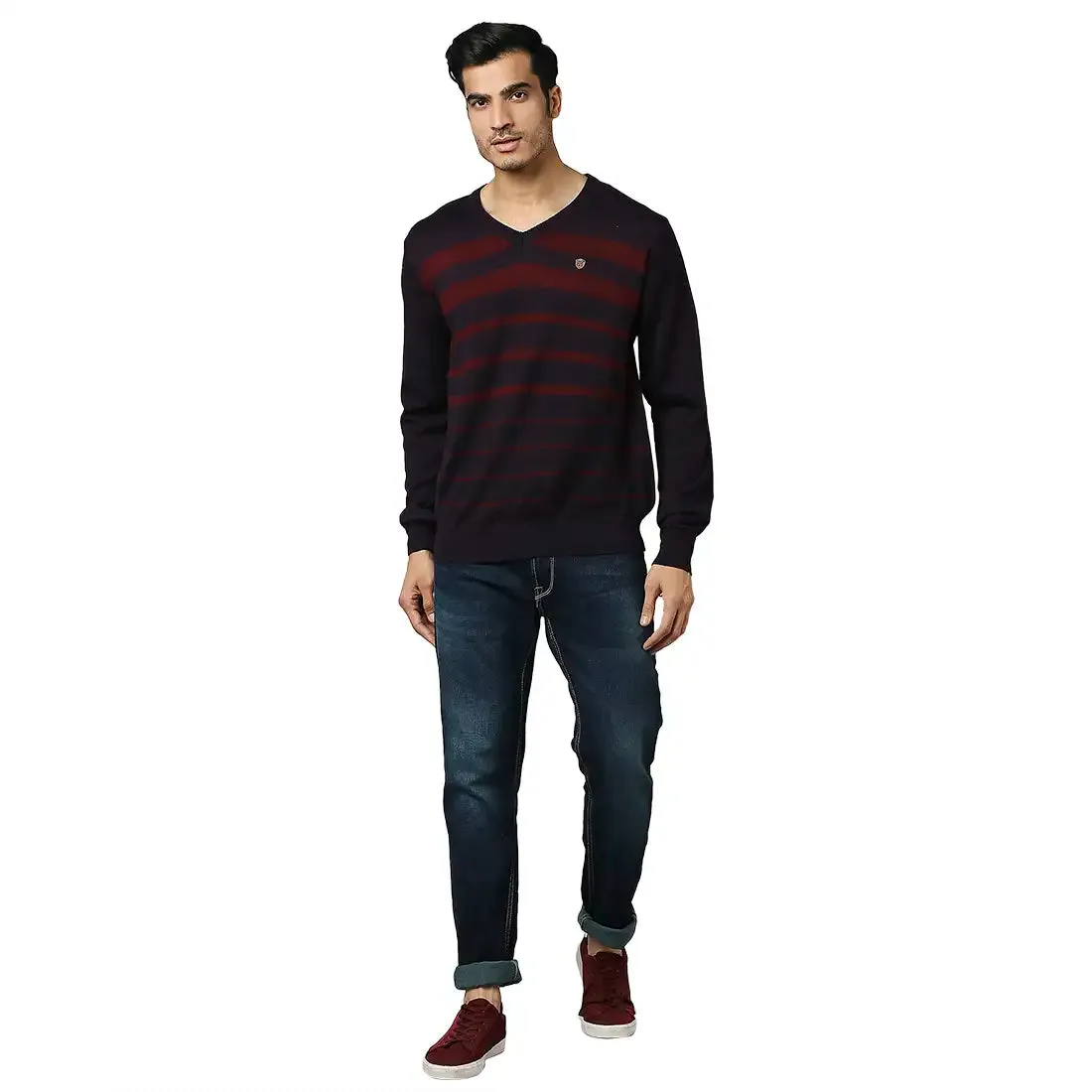 Men Violet Stripe Acrylic Wool Blend Full Sleeve V Neck Collar Sweaters