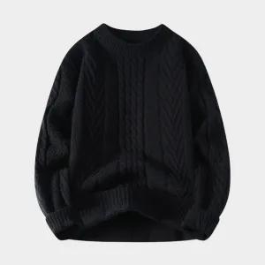 Men's Plush Long Sleeve Sweater - Warm Knitted Round Neck for Autumn & Winter (Black, Beige, and More)