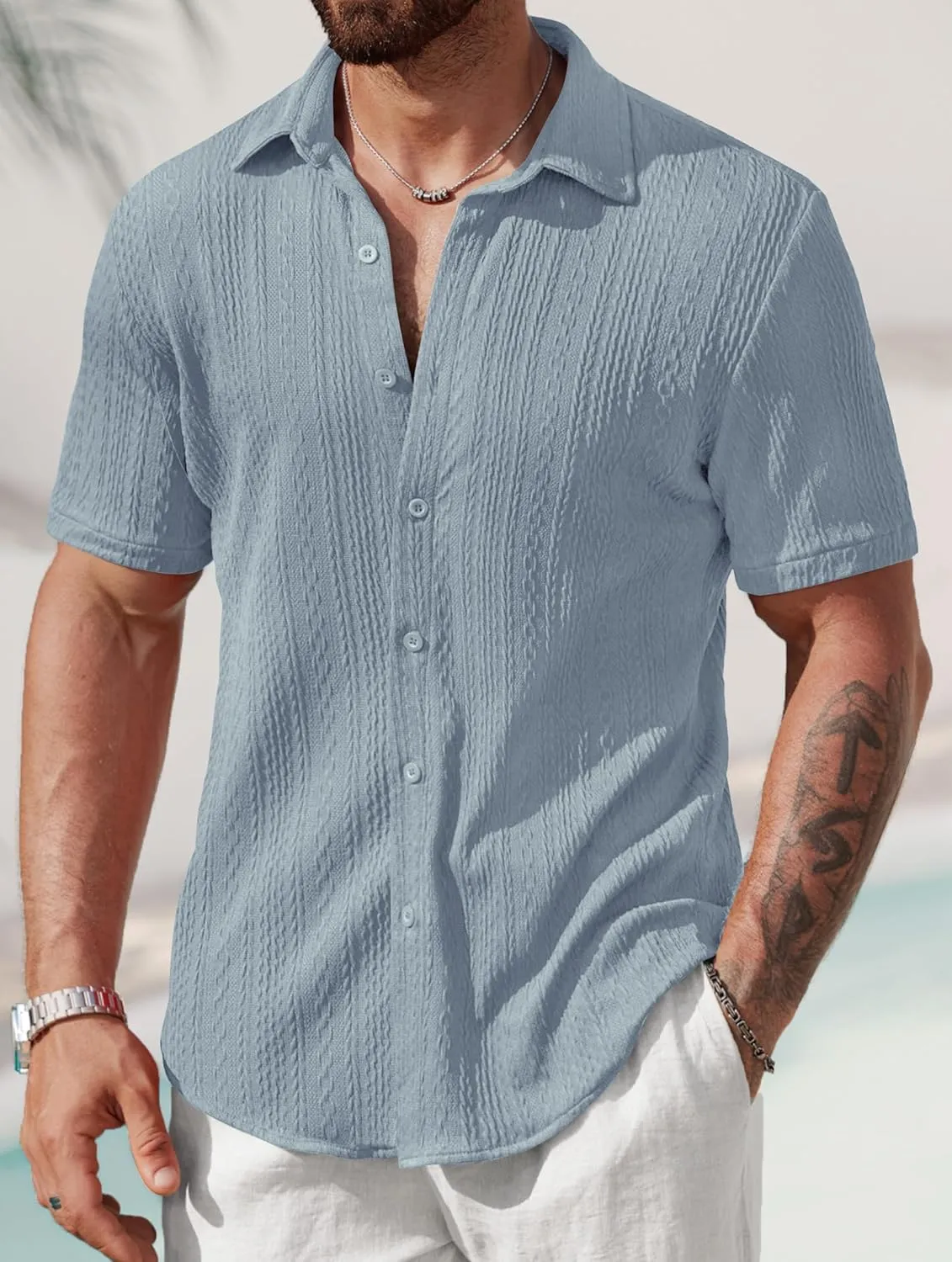 Mens Summer Textured Shirts Short Sleeve Casual Button Down Shirt Beach Vacation Tops (S-XXL)