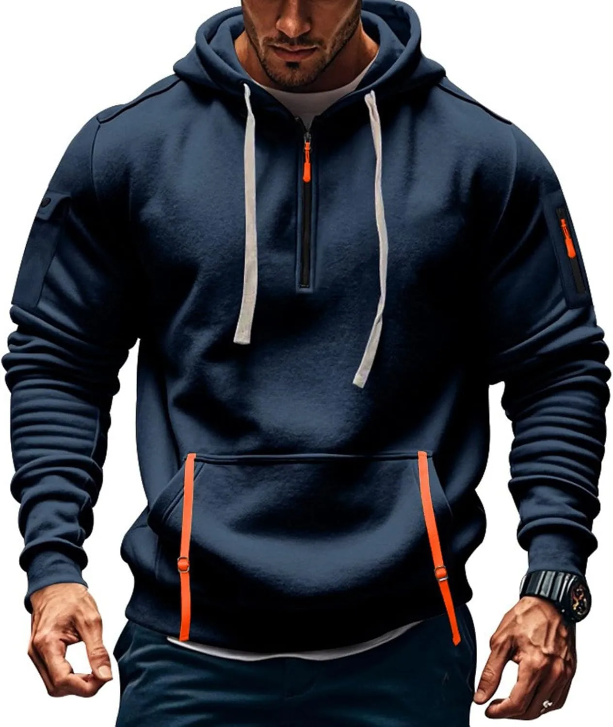 Men's Tactical Hoodies Oversized 1/4 Zip Pullover Sweatshirts with Zipper Arm Pocket Big and Tall Outfits 5XL