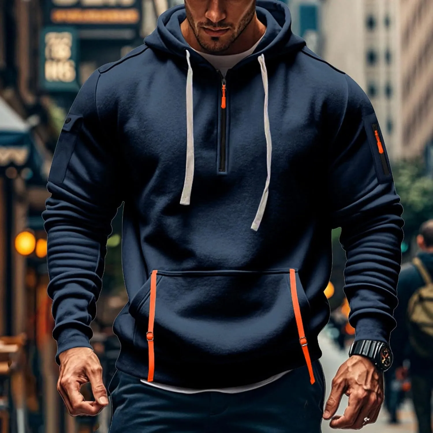 Men's Tactical Hoodies Oversized 1/4 Zip Pullover Sweatshirts with Zipper Arm Pocket Big and Tall Outfits 5XL
