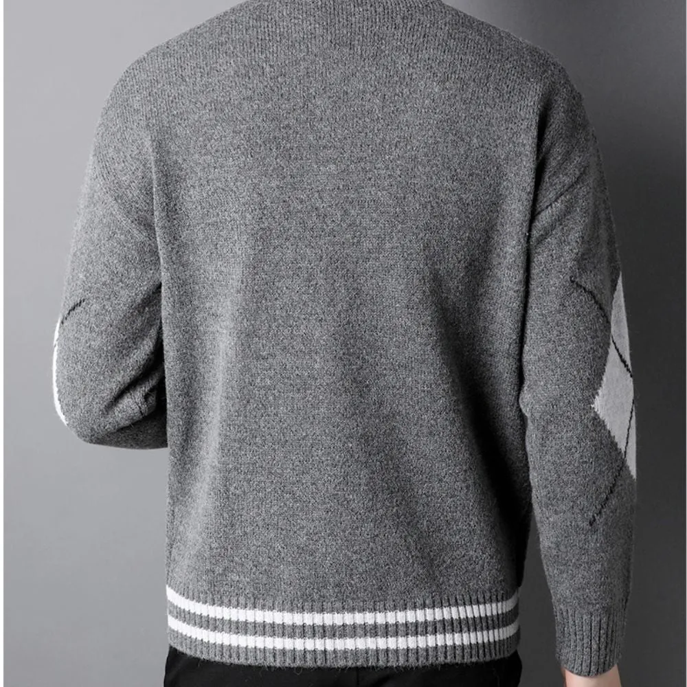 Mens V Neck Cardigan with Criss Cross Elbow Patch