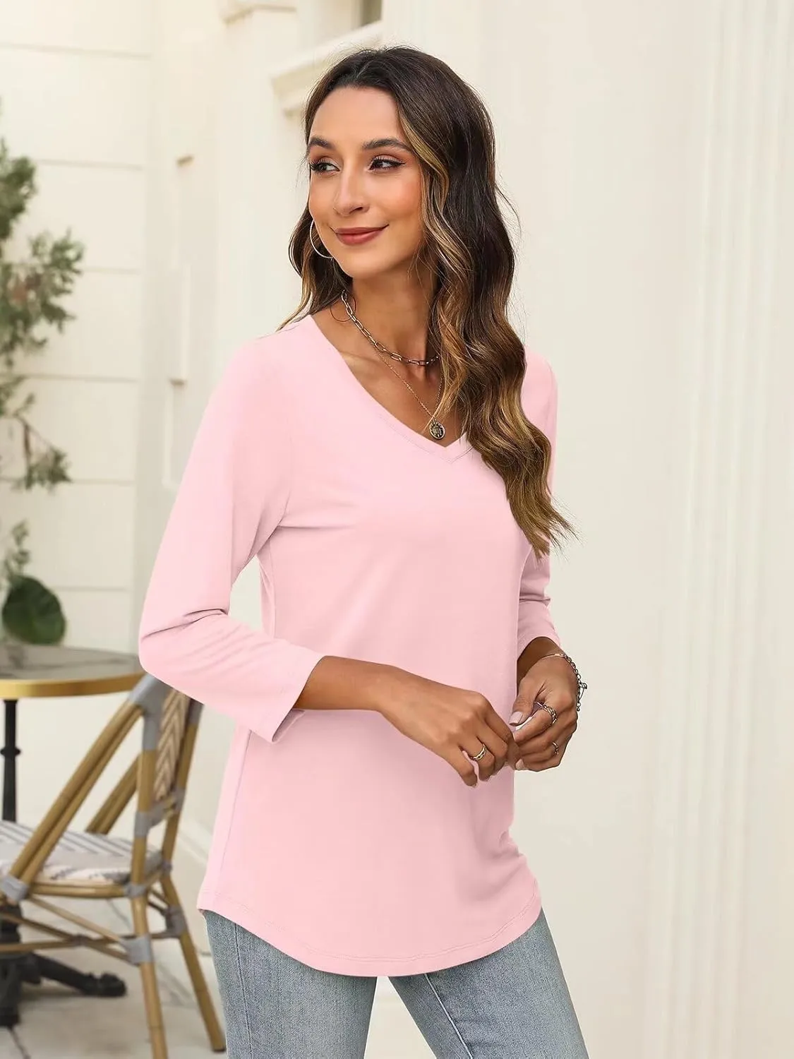 Minetom Women's V Neck 3/4 Sleeve T Shirt Solid/Color Block Casual Basic Tops Summer Tees