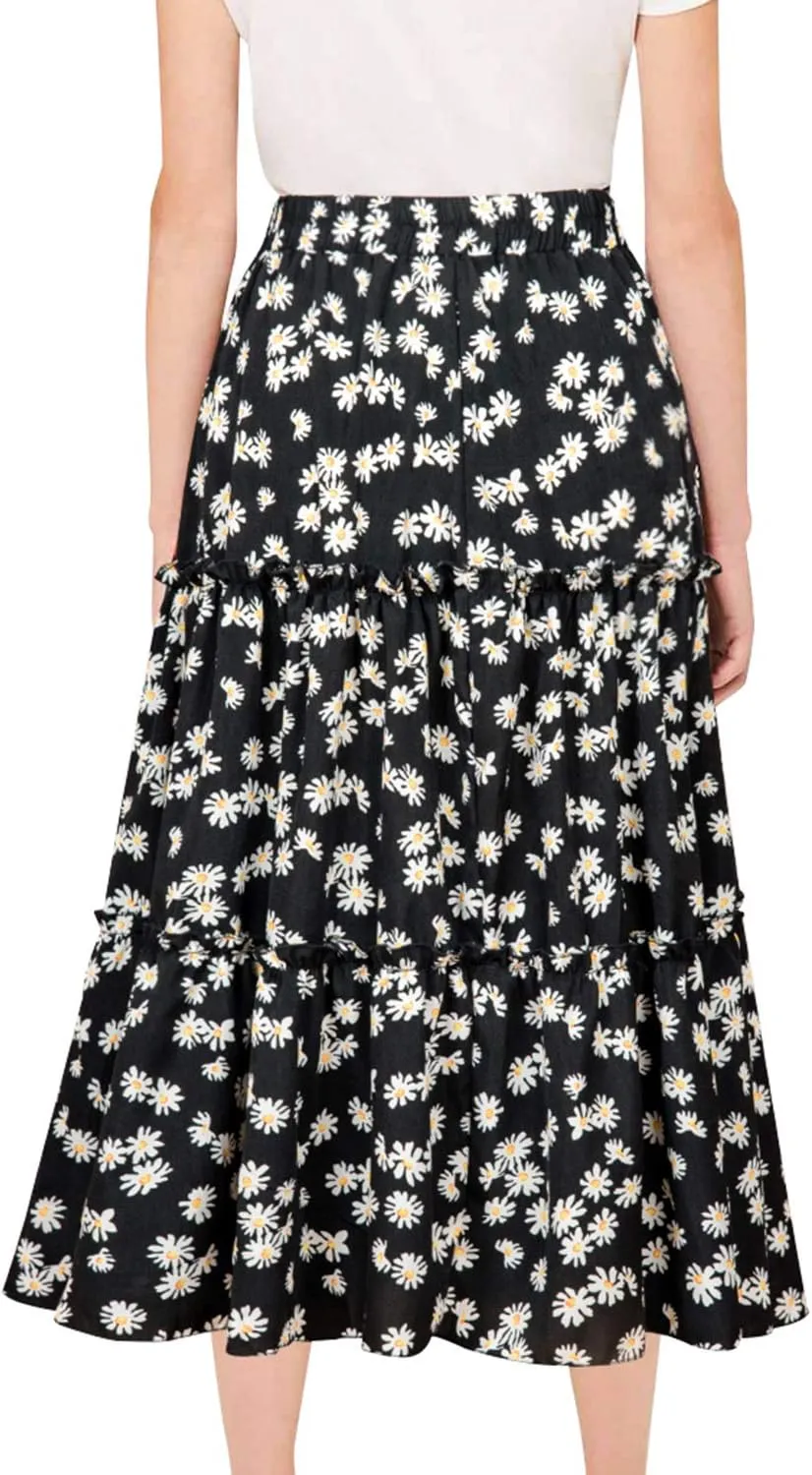 MiShow Daisy Floral Print Flounce Skirt Pleated Ruffle Hem Cute Beach A Line Short Skirts