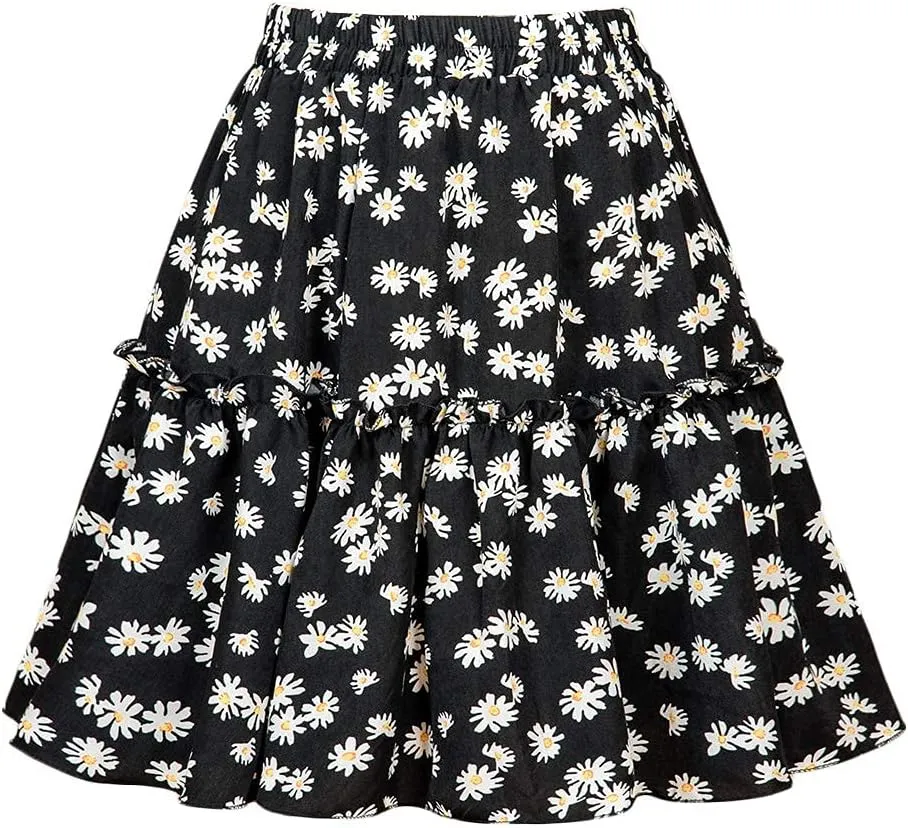 MiShow Daisy Floral Print Flounce Skirt Pleated Ruffle Hem Cute Beach A Line Short Skirts