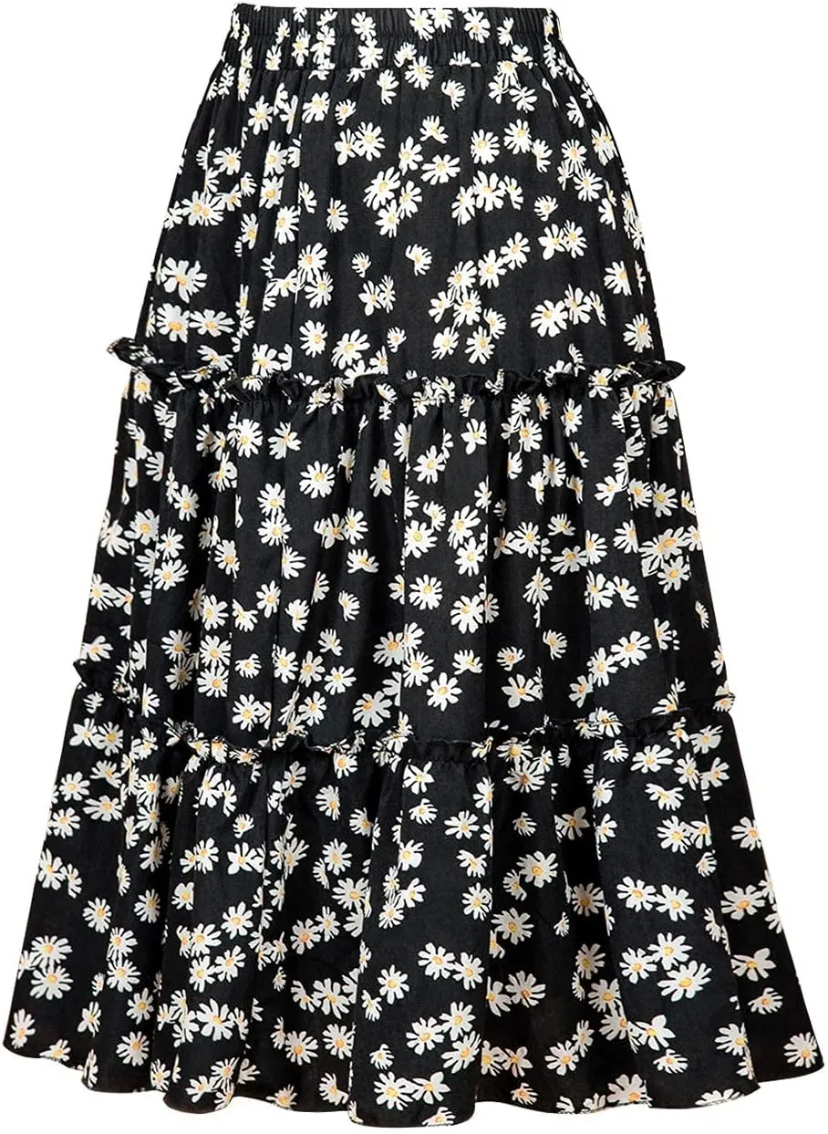 MiShow Daisy Floral Print Flounce Skirt Pleated Ruffle Hem Cute Beach A Line Short Skirts