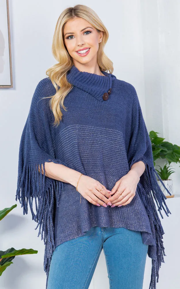 PA4209 Turtle Neck Poncho W/ Buttons and Tassels