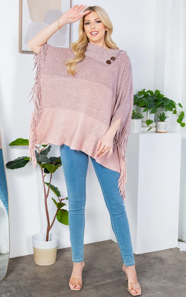 PA4209 Turtle Neck Poncho W/ Buttons and Tassels