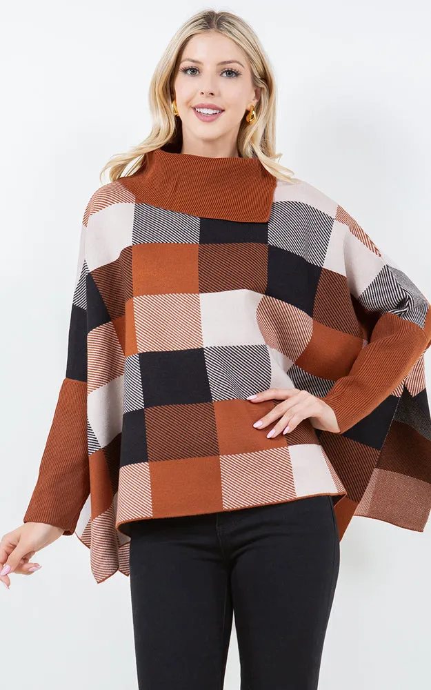 PA4318 COLOR BLOCK TURTLE NECK PONCHO WITH SLEEVES
