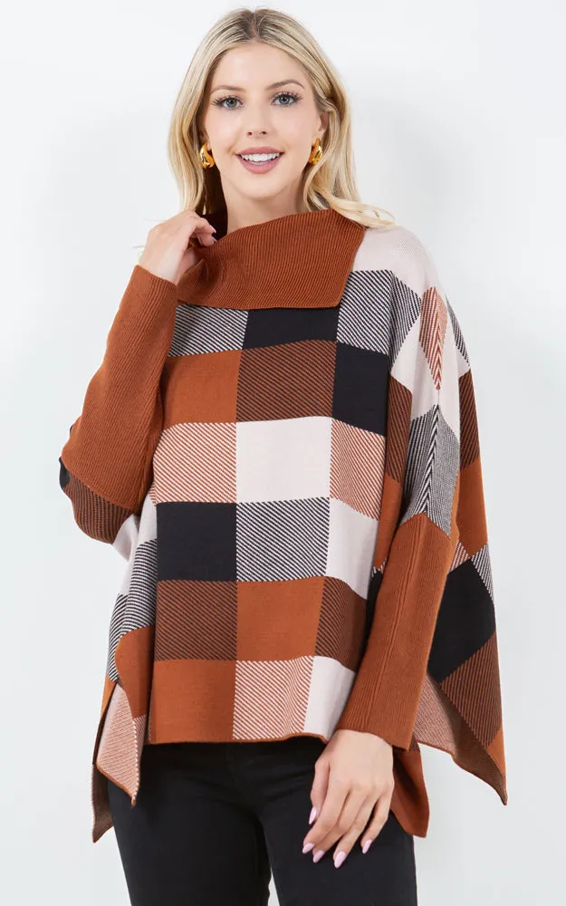 PA4318 COLOR BLOCK TURTLE NECK PONCHO WITH SLEEVES