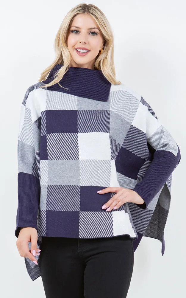 PA4318 COLOR BLOCK TURTLE NECK PONCHO WITH SLEEVES