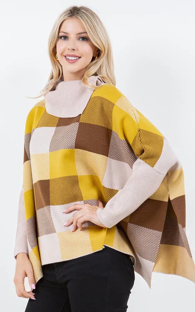 PA4318 COLOR BLOCK TURTLE NECK PONCHO WITH SLEEVES
