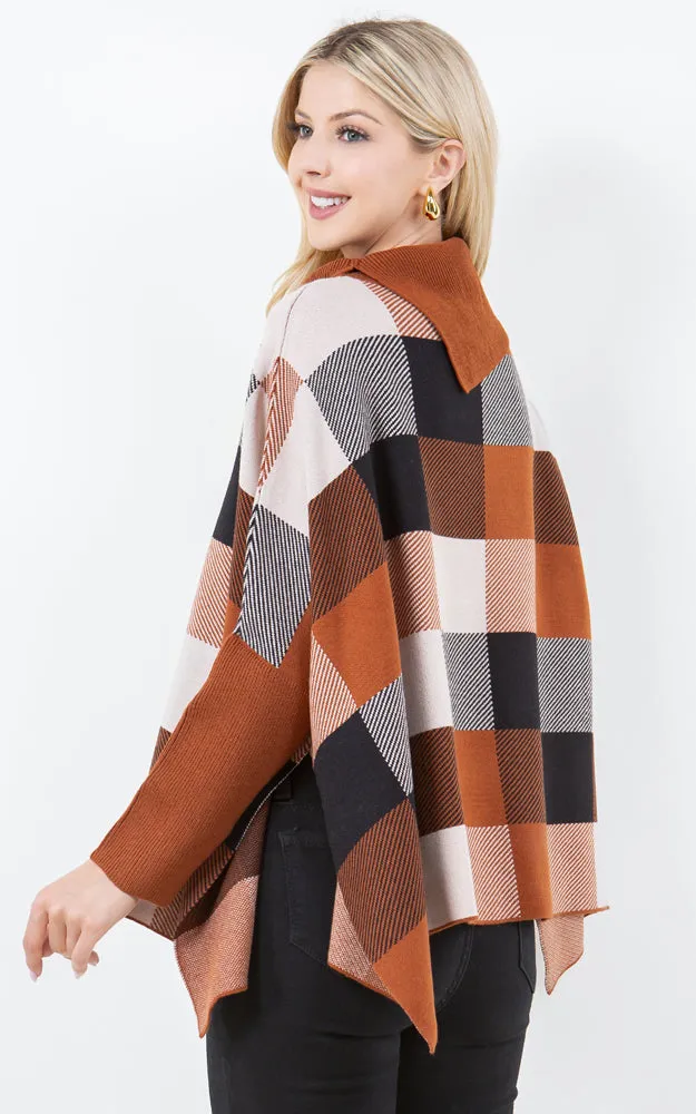 PA4318 COLOR BLOCK TURTLE NECK PONCHO WITH SLEEVES