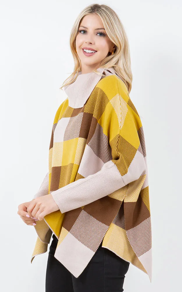 PA4318 COLOR BLOCK TURTLE NECK PONCHO WITH SLEEVES