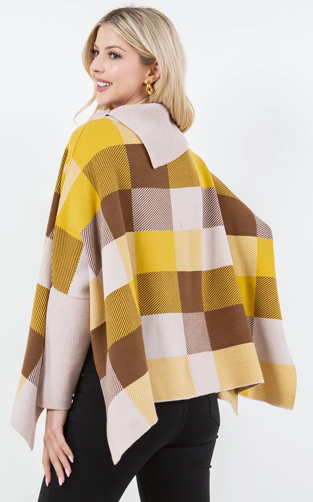 PA4318 COLOR BLOCK TURTLE NECK PONCHO WITH SLEEVES