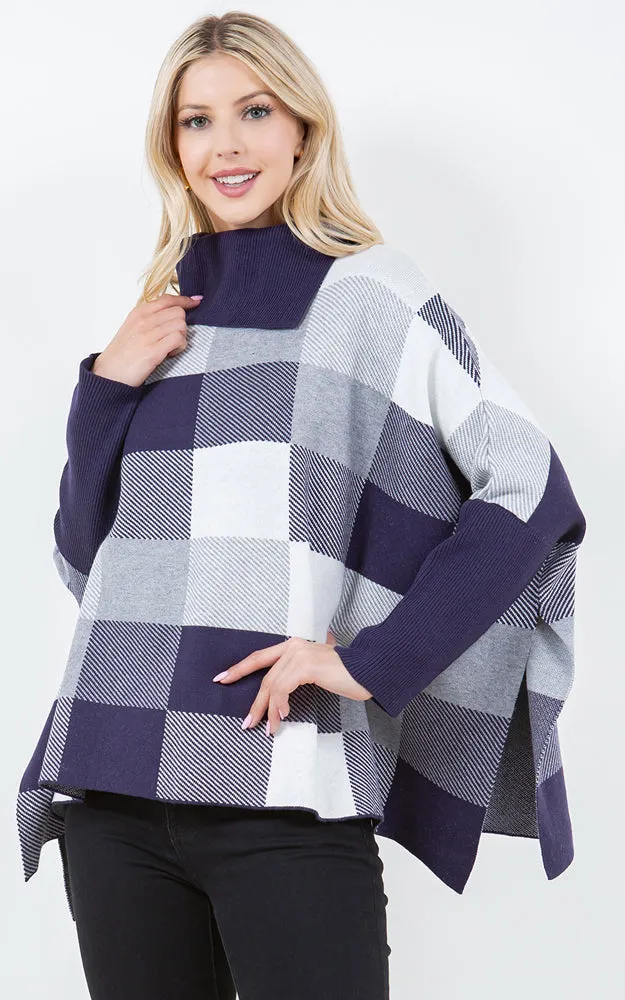 PA4318 COLOR BLOCK TURTLE NECK PONCHO WITH SLEEVES
