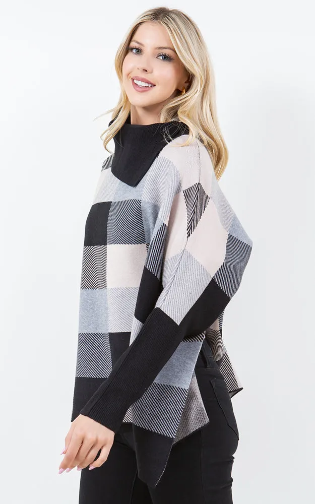 PA4318 COLOR BLOCK TURTLE NECK PONCHO WITH SLEEVES