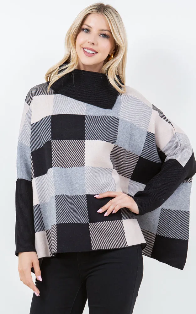 PA4318 COLOR BLOCK TURTLE NECK PONCHO WITH SLEEVES