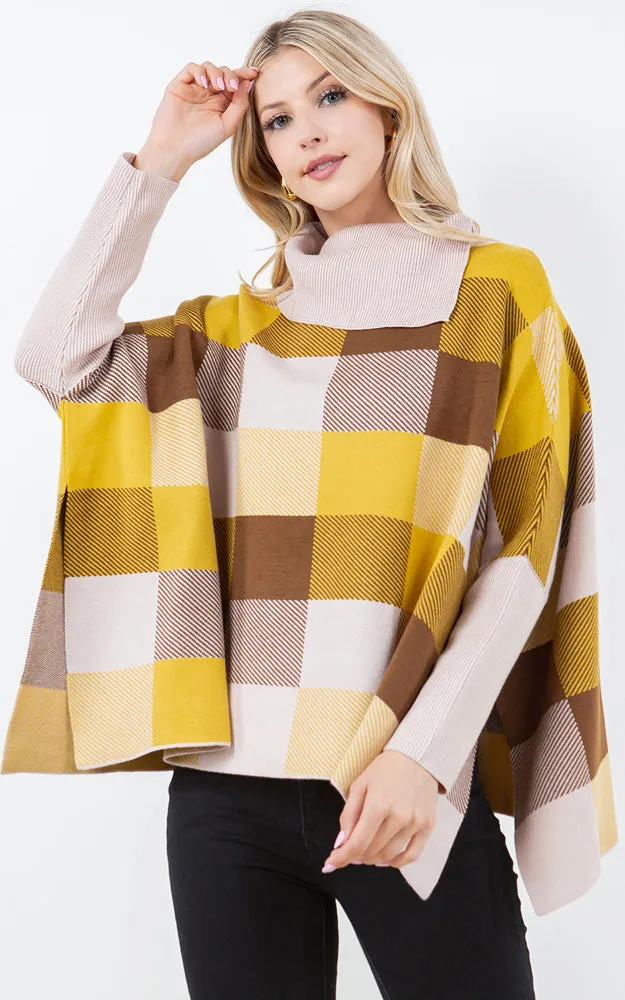 PA4318 COLOR BLOCK TURTLE NECK PONCHO WITH SLEEVES