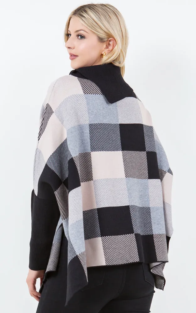 PA4318 COLOR BLOCK TURTLE NECK PONCHO WITH SLEEVES