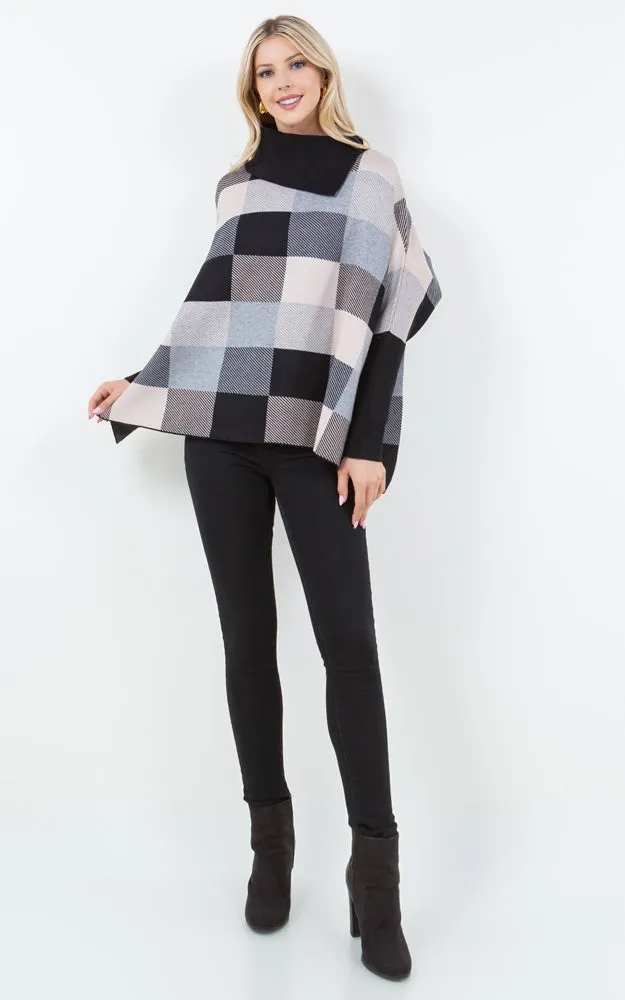 PA4318 COLOR BLOCK TURTLE NECK PONCHO WITH SLEEVES