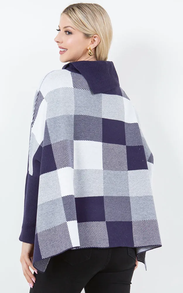 PA4318 COLOR BLOCK TURTLE NECK PONCHO WITH SLEEVES