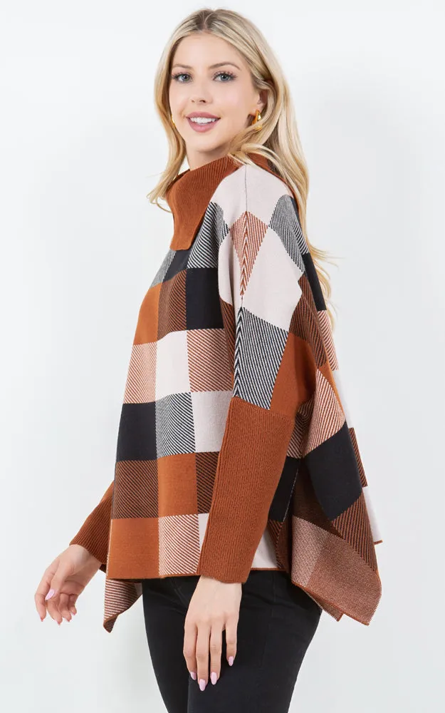 PA4318 COLOR BLOCK TURTLE NECK PONCHO WITH SLEEVES