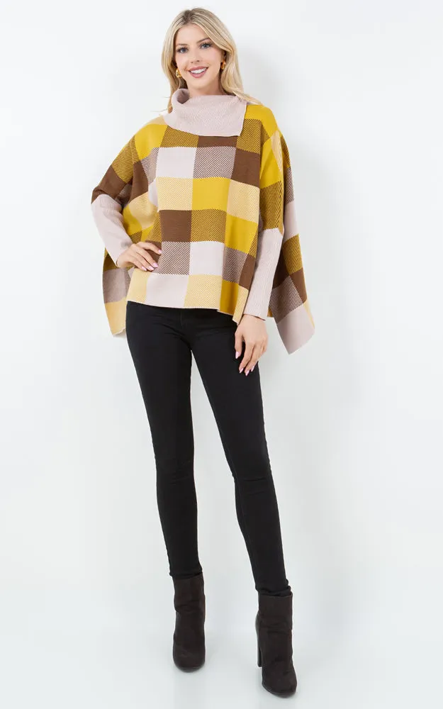 PA4318 COLOR BLOCK TURTLE NECK PONCHO WITH SLEEVES
