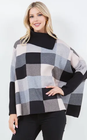 PA4318 COLOR BLOCK TURTLE NECK PONCHO WITH SLEEVES