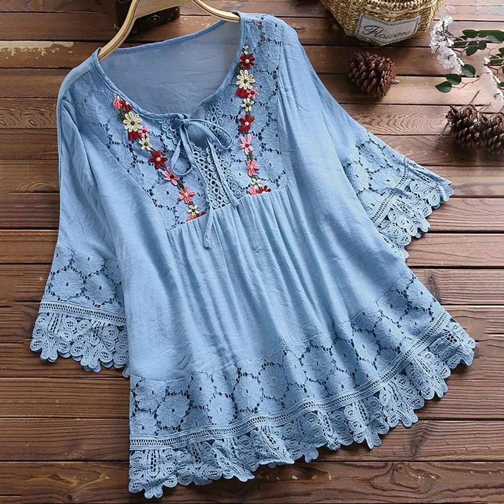 Plus Size Blouse Women Vintage Lace Patchwork Bow V-Neck Embroidery Summer Three Quarter Retro Solid Tops T-Shirt S-5XL