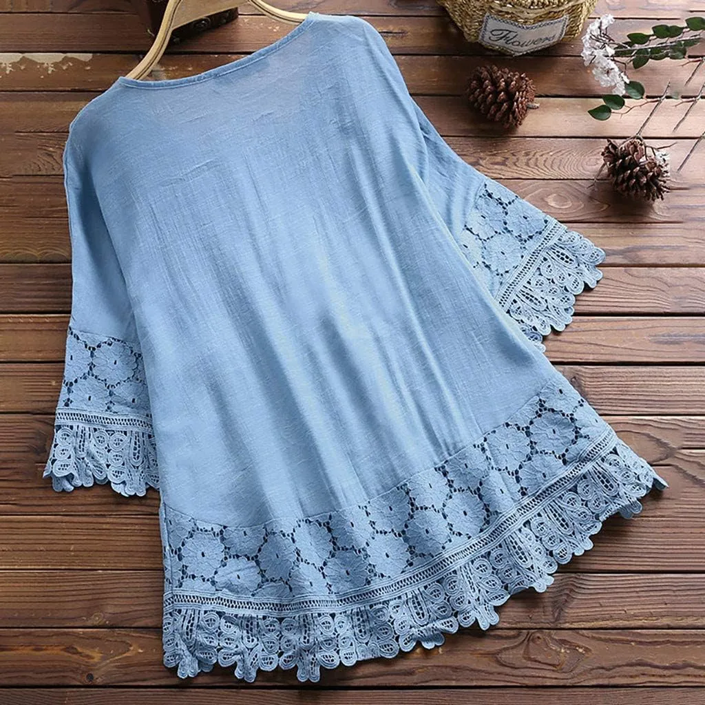 Plus Size Blouse Women Vintage Lace Patchwork Bow V-Neck Embroidery Summer Three Quarter Retro Solid Tops T-Shirt S-5XL
