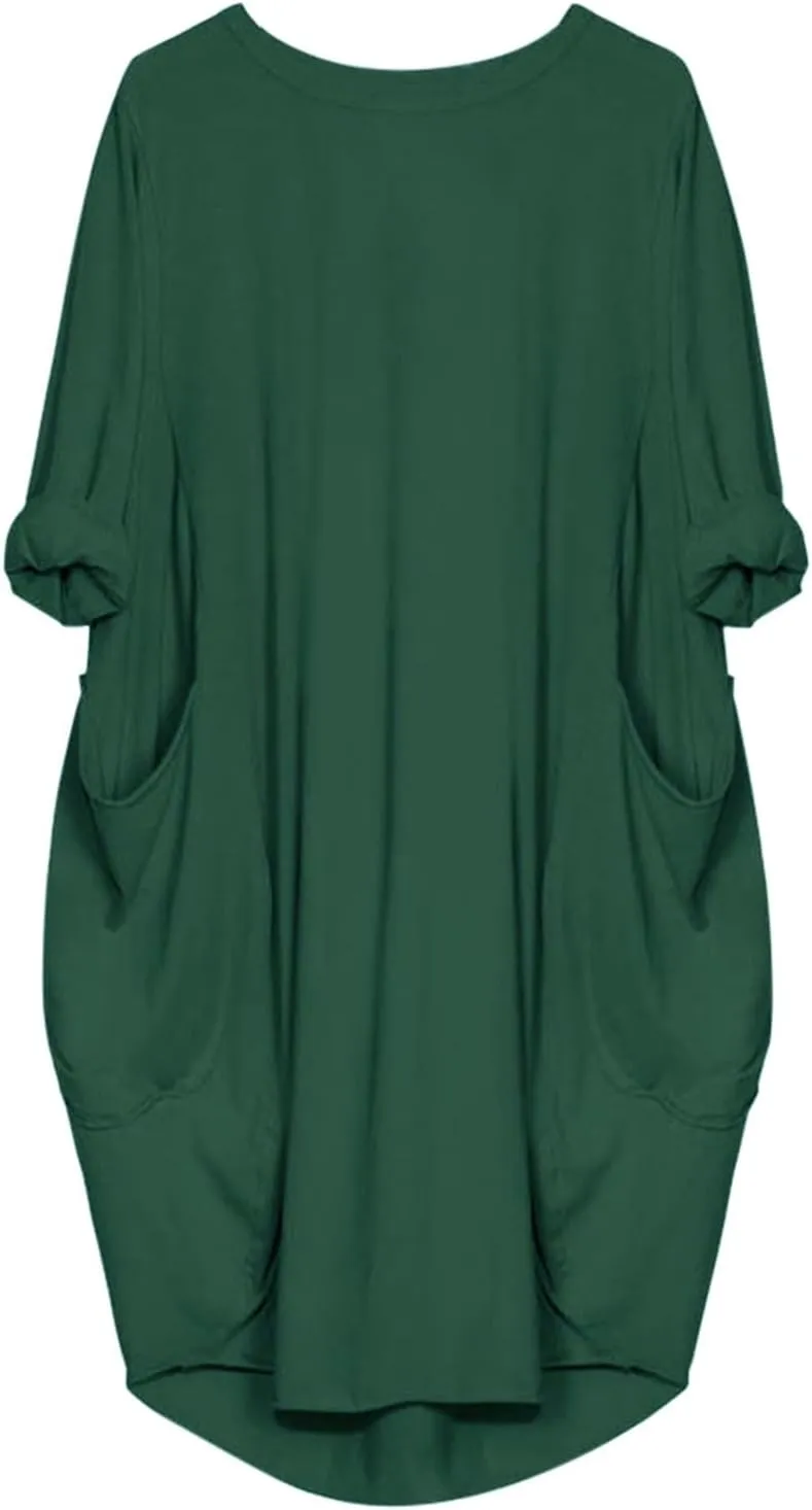 Plus Size Midi Sweater Dress for Women Long Sleeve Crewneck Knee Length Dresses with Pockets Spring Casual Sundress